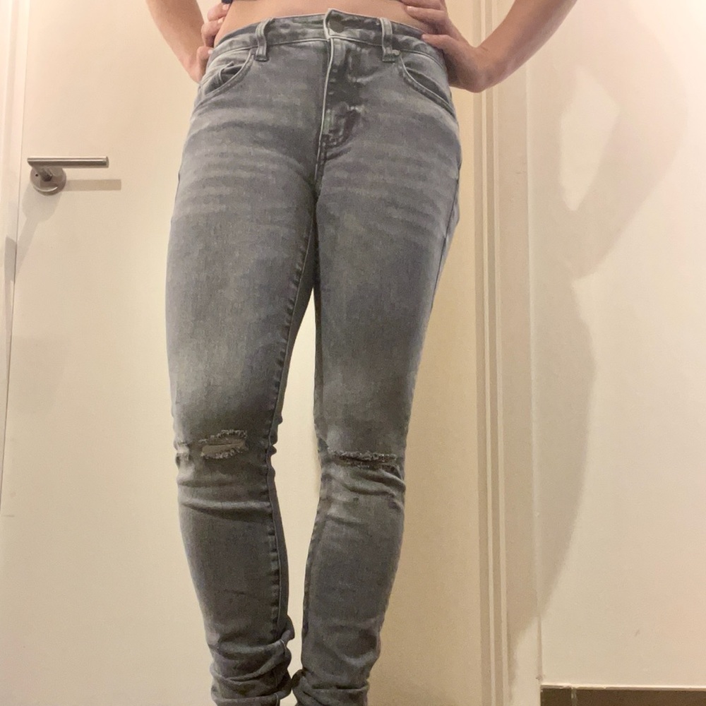 CAbi Distressed Silver Skinny Jeans